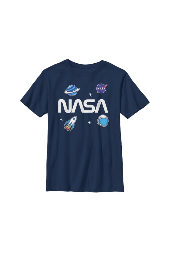 Boy's NASA Logo Space Emoticon Graphic Tee Navy Blue Medium
