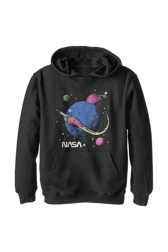 Boy's NASA Retro Rocket Journey  Pull Over Hoodie Black Medium
