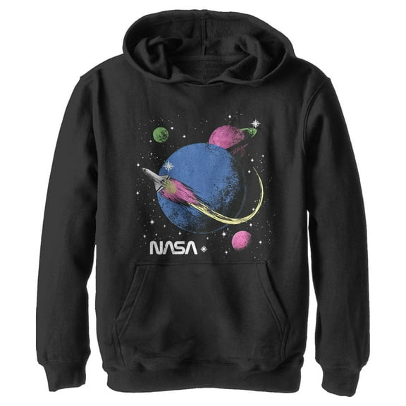 Boy's NASA Retro Rocket Journey  Pull Over Hoodie Black X Large