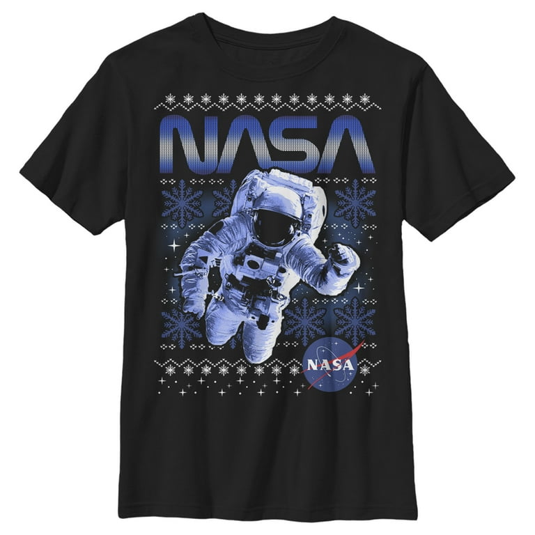 Boy's NASA Ugly Christmas Astronaut Print Graphic Tee Black Large