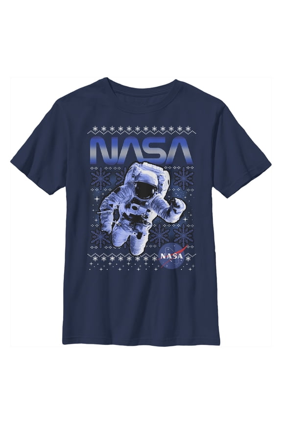 Boy's NASA Ugly Christmas Astronaut Print Graphic Tee Navy Blue Medium