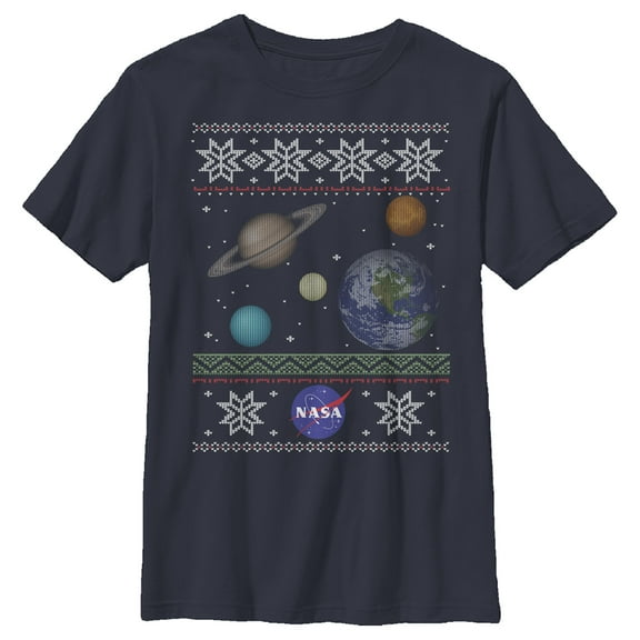 Boy's NASA Ugly Christmas Planet Print Graphic Tee Navy Blue Small