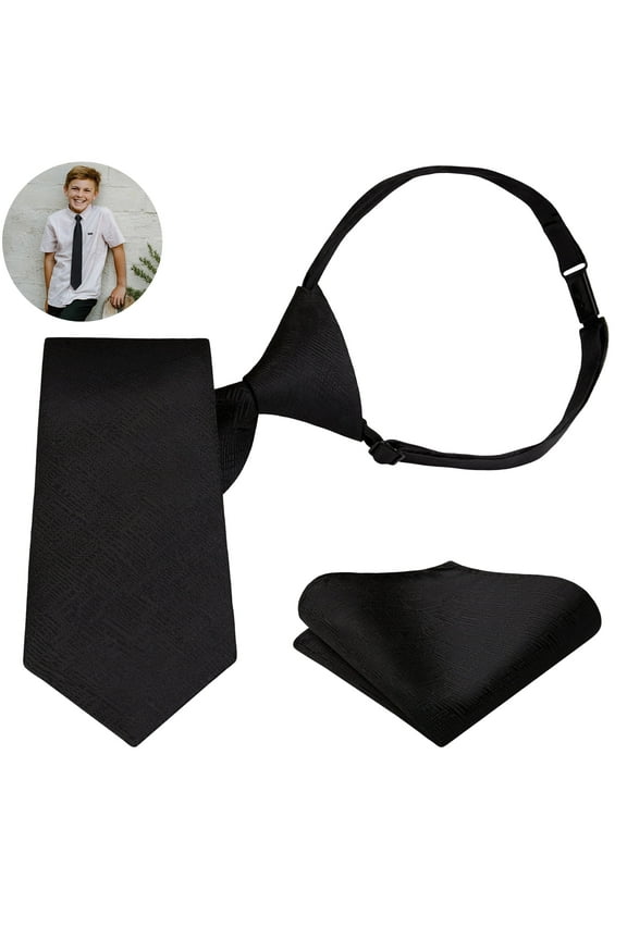 Boy's Necktie Black Tie Pocket Square Set Adjustable Strap Ties for Kids Graduation School Uniforms