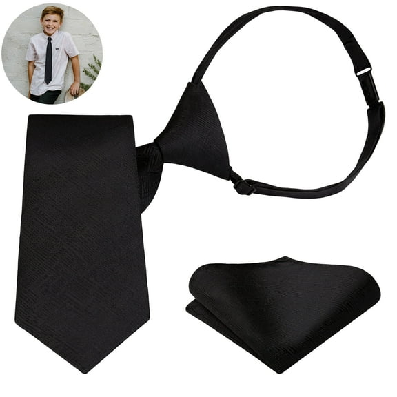 Boy's Necktie Black Tie Pocket Square Set Adjustable Strap Ties for Kids Graduation School Uniforms