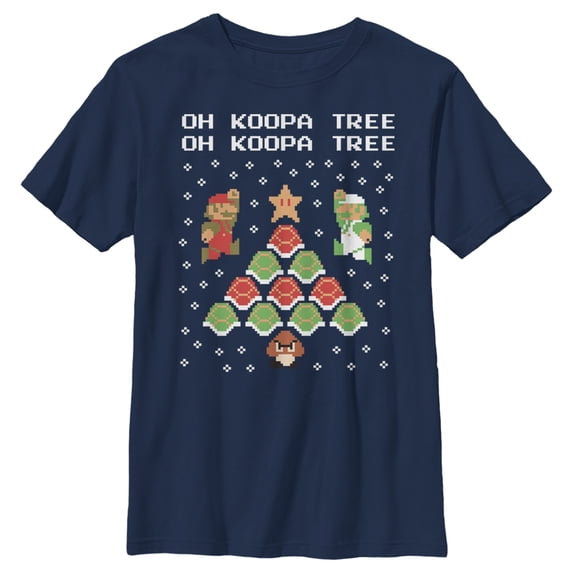 Boy's Nintendo Christmas Mario Bros. Koopa Tree Graphic Tee Navy Blue Medium