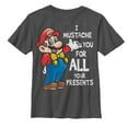 thumbnail image 1 of Boy's Nintendo Christmas Mario Mustache For Presents Graphic Tee Charcoal X Small, 1 of 3