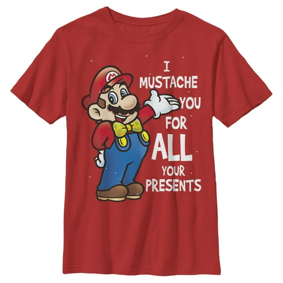 Boy's Nintendo Christmas Mario Mustache For Presents Graphic Tee Red Medium