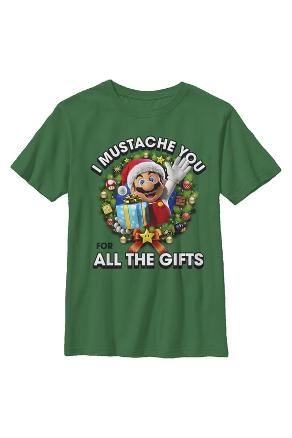 Boy's Nintendo Christmas Super Mario Mustache Graphic Tee Kelly Green Large
