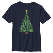Boy's Nintendo Christmas Tree Mosaic Graphic Tee Navy Blue Small