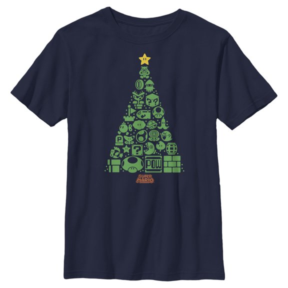 Boy's Nintendo Christmas Tree Mosaic  Graphic Tee Navy Blue X Large