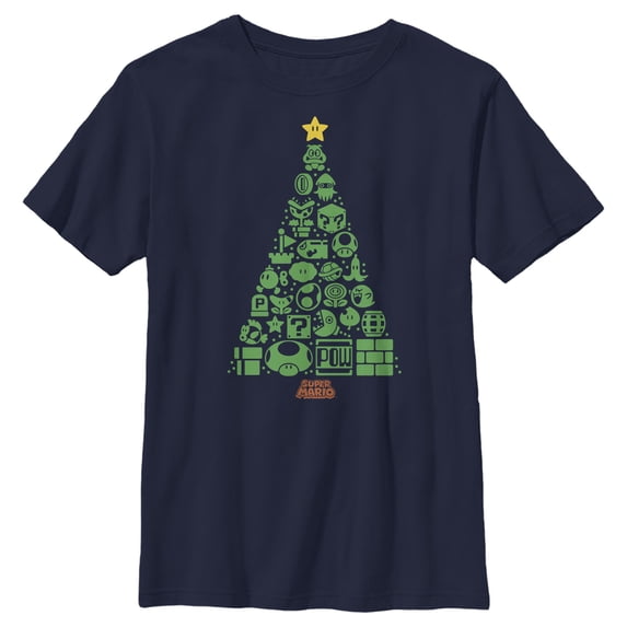 Boy's Nintendo Christmas Tree Mosaic Graphic Tee Navy Blue X Small