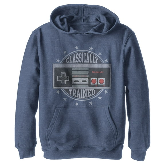 Boy's Nintendo Classically Trained  Pull Over Hoodie Navy Blue Heather Large