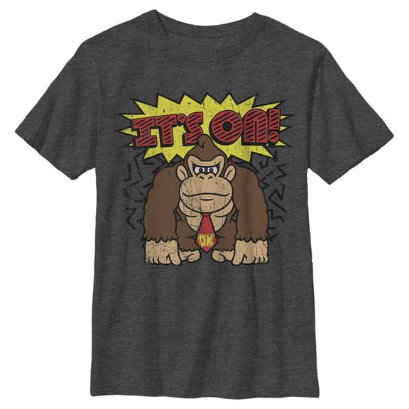 Boy's Nintendo Donkey Kong It's On Distressed Graphic Tee Charcoal Heather Large