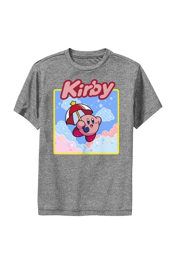 Boy's Nintendo Kirby Flying Portrait  Performance Graphic Tee Charcoal Heather Small