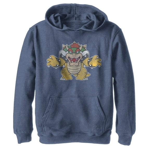 Boy's Nintendo Koopa King Bowser Pull Over Hoodie Navy Blue Heather Large