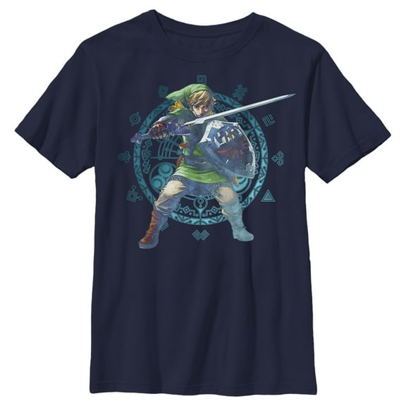 Boy's Nintendo Legend of Zelda Link Watercolor Pattern Graphic Tee Navy Blue Small