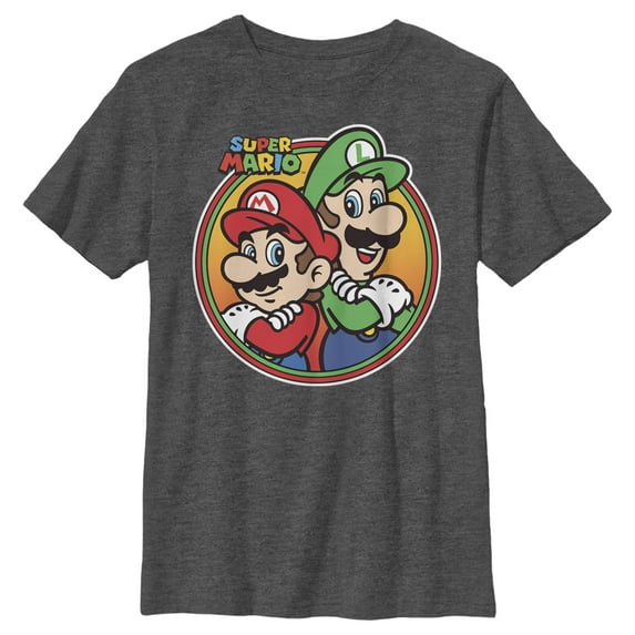 Boy's Nintendo Mario Luigi Back to Back Graphic Tee Charcoal Heather Large