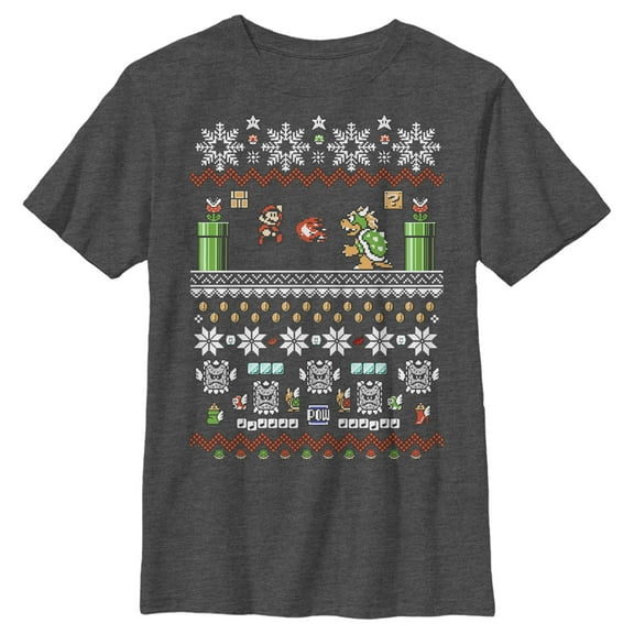 Boy's Nintendo Mario and Bowser Ugly Christmas Sweater  Graphic Tee Charcoal Heather Large