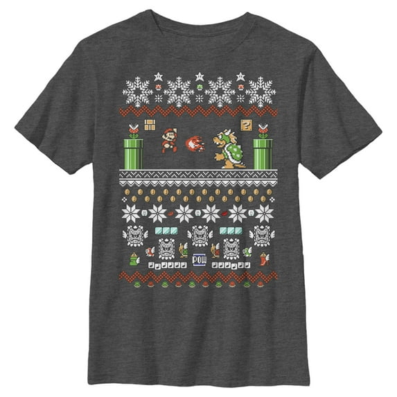 Boy's Nintendo Mario and Bowser Ugly Christmas Sweater Graphic Tee Charcoal Heather Small