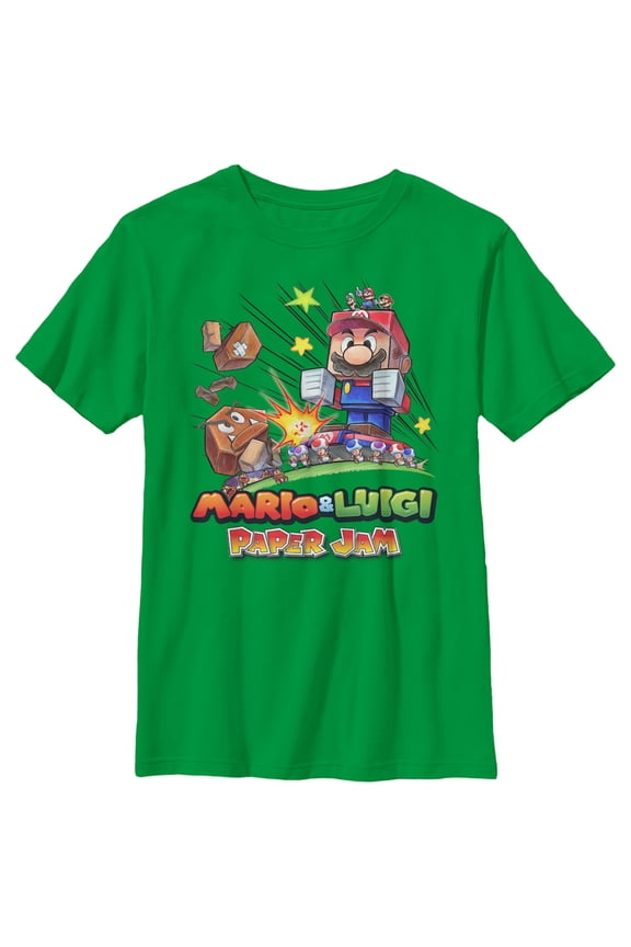 Boy's Nintendo Mario and Luigi Paper Jam Smash Graphic Tee Kelly Green Large