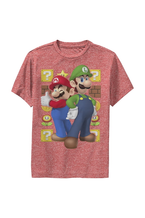 Boy's Nintendo Mario and Luigi Performance Graphic Tee Red Heather X Large