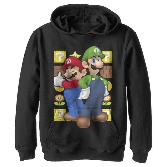 Boy's Nintendo Mario and Luigi  Pull Over Hoodie Black Medium