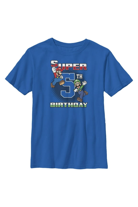 Boy's Nintendo Mario and Luigi Super 5th Birthday  Graphic Tee Royal Blue Small