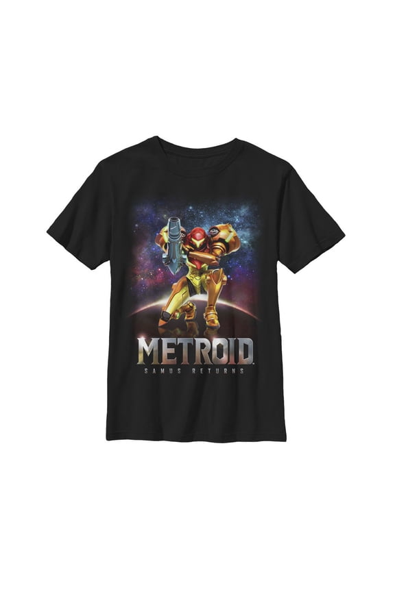 Boy's Nintendo Metroid Samus Returns Cover Art Graphic Tee Black Medium
