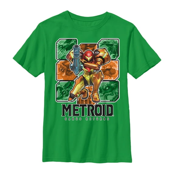 Boy's Nintendo Metroid Samus Returns Grid Graphic Tee Kelly Green Small