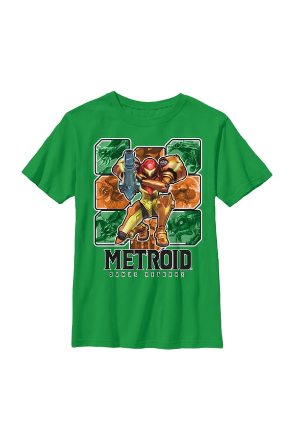Boy's Nintendo Metroid Samus Returns Grid Graphic Tee Kelly Green X Small