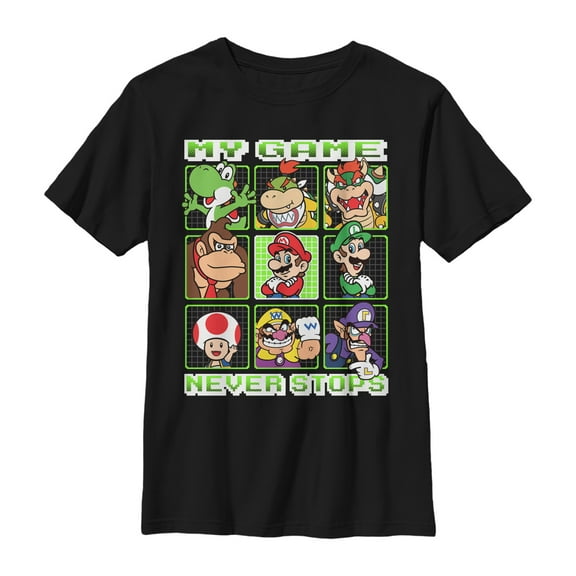 Boy's Nintendo My Game Never Stops Mario Brothers  Graphic Tee Black Small