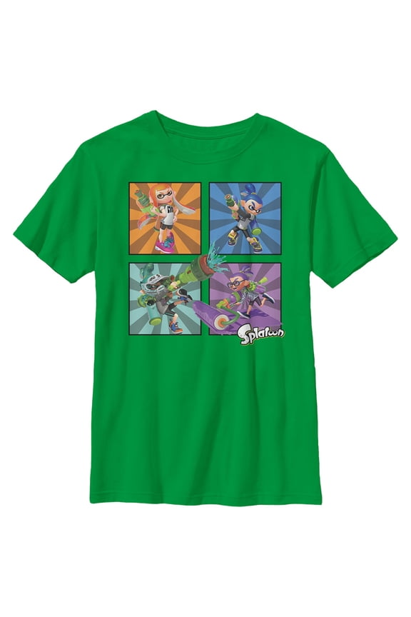 Boy's Nintendo Splatoon Inkling Panels Graphic Tee Kelly Green Large