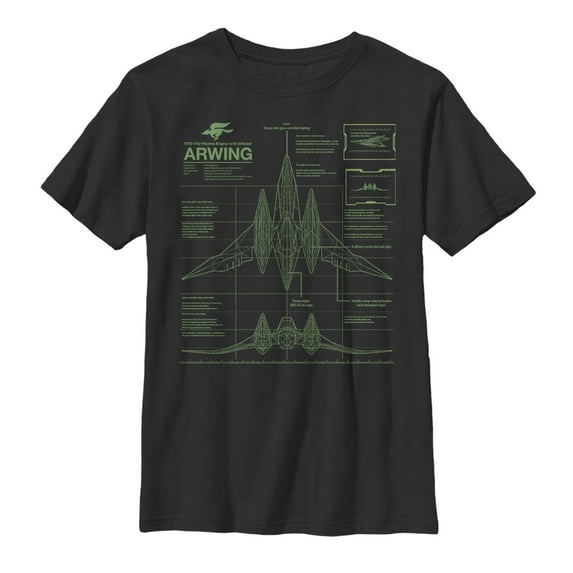 Boy's Nintendo Star Fox Arwing Schematics Graphic Tee Black Large