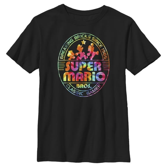 Boy's Nintendo Super Mario Brick Break 85 Tie-Dye Logo  Graphic Tee Black X Large