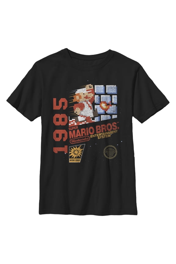 Boy's Nintendo Super Mario Bros 1985 Box Art Graphic Tee Black Medium