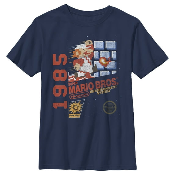 Boy's Nintendo Super Mario Bros 1985 Box Art Graphic Tee Navy Blue Medium