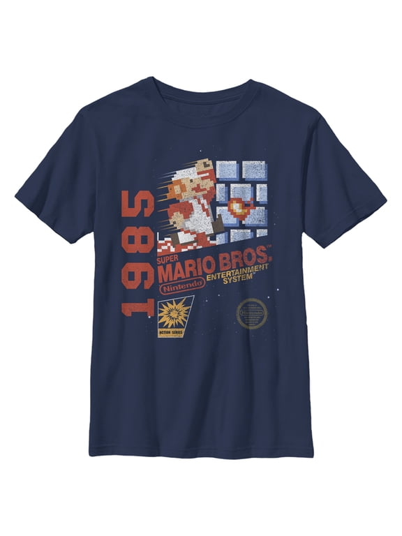 Boy's Nintendo Super Mario Bros 1985 Box Art Graphic Tee Navy Blue Medium