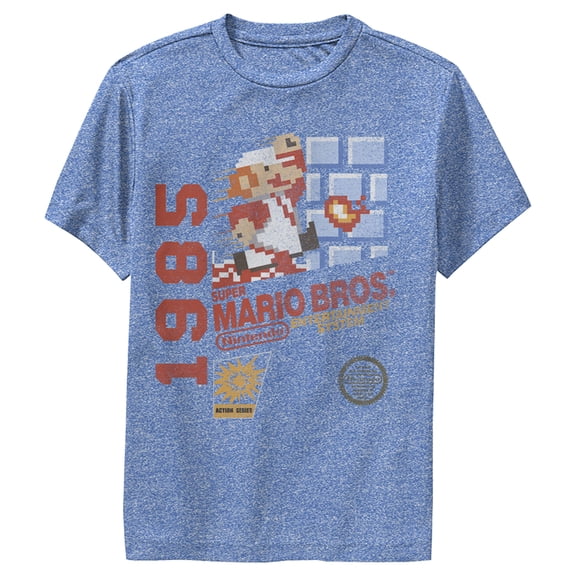 Boy's Nintendo Super Mario Bros 1985 Box Art Performance Graphic Tee Royal Blue Heather X Large