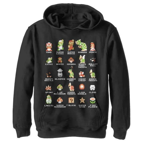 Boy's Nintendo Super Mario Bros Character Guide Pull Over Hoodie Black Small