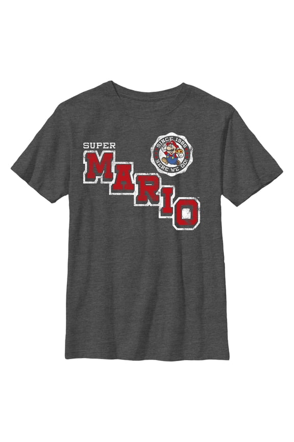 Boy's Nintendo Super Mario Bros. Here We Go Distressed Varsity Graphic Tee Charcoal Heather Small