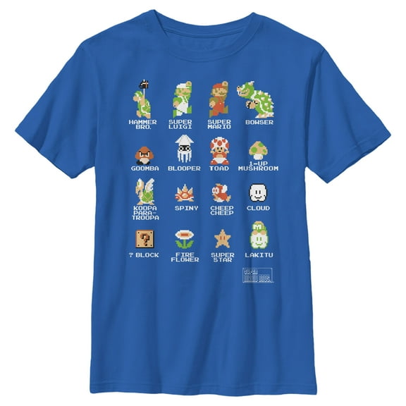 Boy's Nintendo Super Mario Bros Pixel Cast with Names Graphic Tee Royal Blue X Large