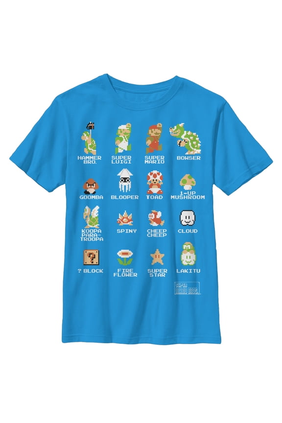 Boy's Nintendo Super Mario Bros Pixel Cast with Names  Graphic Tee Turquoise Large