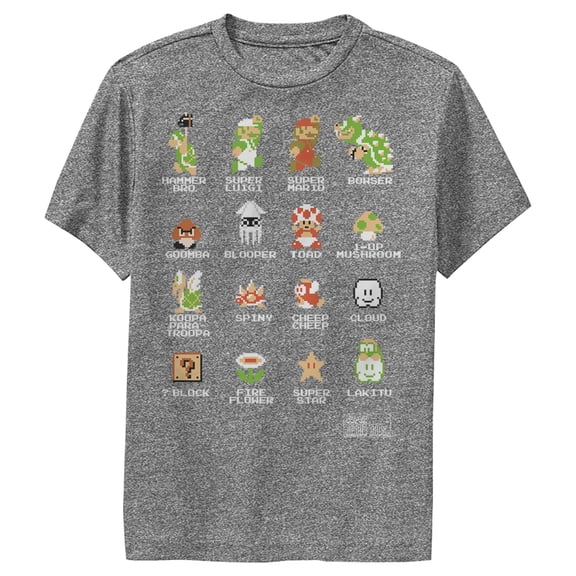 Boy's Nintendo Super Mario Bros Pixel Cast with Names Performance Graphic Tee Charcoal Heather Medium