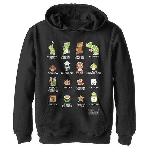 Boy's Nintendo Super Mario Bros Pixel Cast with Names  Pull Over Hoodie Black Medium