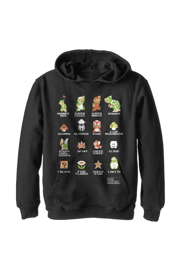 Boy's Nintendo Super Mario Bros Pixel Cast with Names  Pull Over Hoodie Black Medium