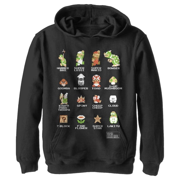 Boy's Nintendo Super Mario Bros Pixel Cast with Names Pull Over Hoodie Black Small