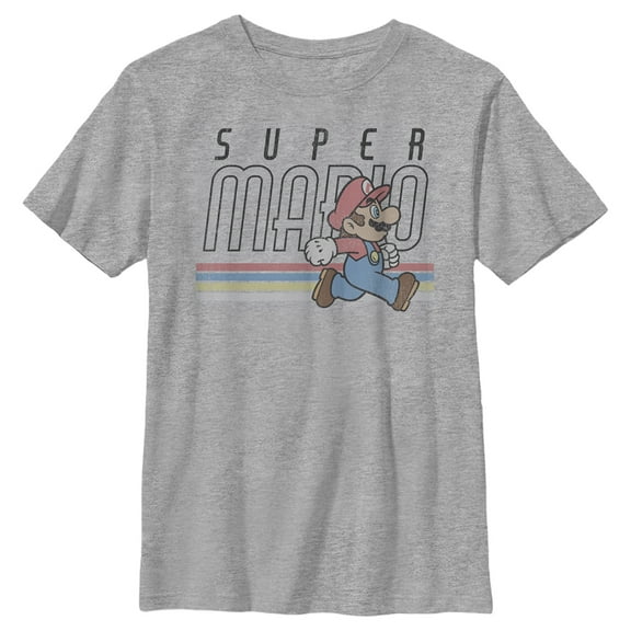 Boy's Nintendo Super Mario Bros. Retro Stripe Mario Logo Graphic Tee Athletic Heather Small