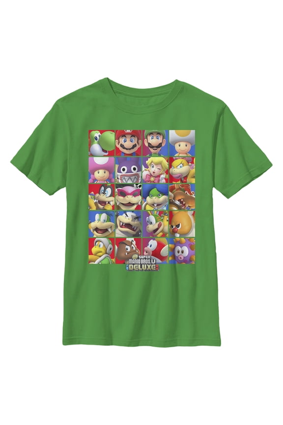 Boy's Nintendo Super Mario Bros. U Deluxe Character Squares Graphic Tee Kelly Green Large