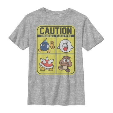 Boy's Nintendo Super Mario Caution  Graphic Tee Athletic Heather Small