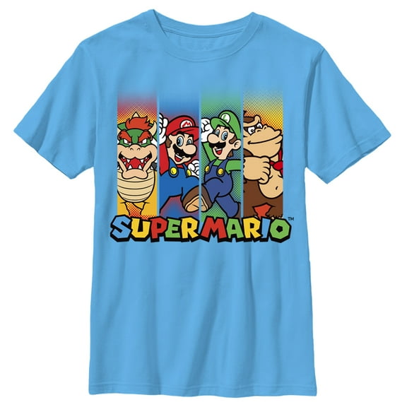 Boy's Nintendo Super Mario Characters in Stripes Graphic Tee Turquoise Medium